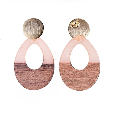 Teardrop Resin & Wood Stud Earrings EJEW-JE03000-M-1