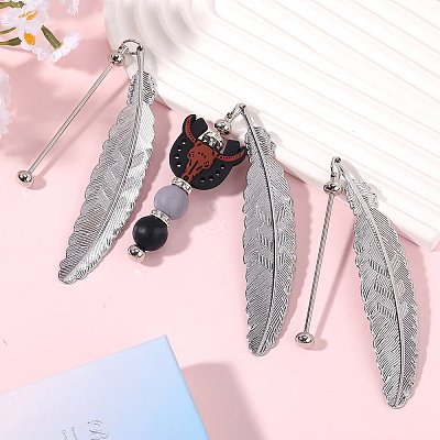 5Pcs Alloy Feather Pendant Bookmarks AJEW-SZ0002-61P-1