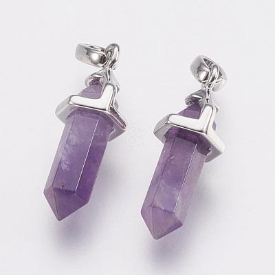 Brass Natural Amethyst Double Terminated Pointed Pendants KK-G343-11L-06P-1