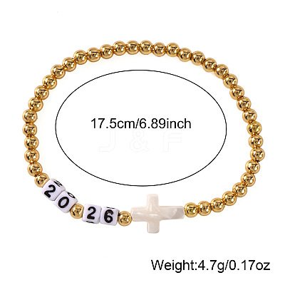 Adjustable New Year 2026 Brass Round Beaded Stretch Bracelets with Natural White Shell Cross OF5922-1