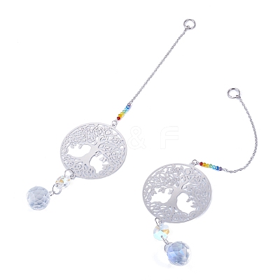 2Pcs 201 Stainless Steel Tree of Life Shape & Rainbow Crystal Glass Hanging Suncatcher HJEW-TA00446-1