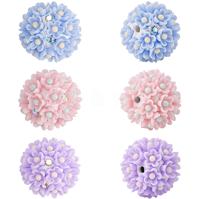6Pcs 3 Colors Handmade Polymer Clay Rhinestone Floral Ball Beads CLAY-SC0002-14-1