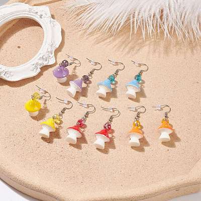 Resin Mushroom with Glass Dangle Earrings EJEW-JE04995-1