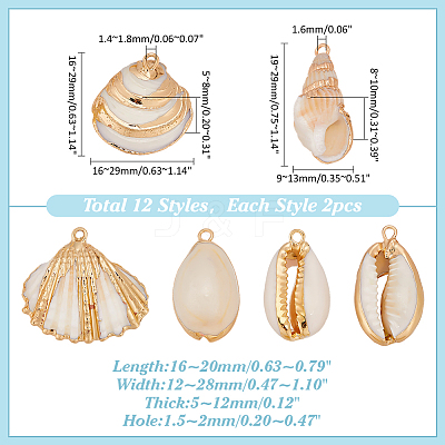 24Pcs 6 Styles Electroplated Natural Mixed Shell Pendants SSHEL-ME0001-03-1