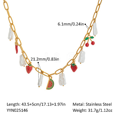 Ocean 304 Stainless Steel Enamel Red Strawberry Watermelon & Natural Freshwater Pearl Pendant Paperclip Chain Bib Necklaces for Women VT2303-1