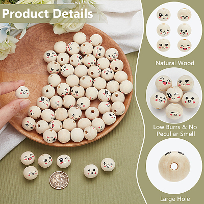 60Pcs 6 Styles Printed Wood European Beads WOOD-FG0001-46-1