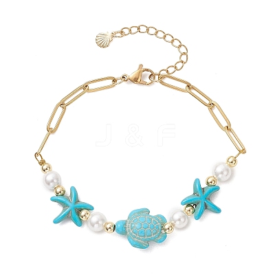 Synthetic Turquoise & Shell Pearl Beaded Link Bracelets BJEW-JB13807-1