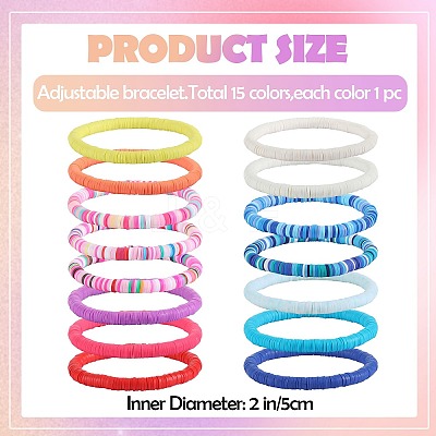 15Pcs Handmade Polymer Clay Beads Stretch Bracelets for Women BJEW-SW001597-1