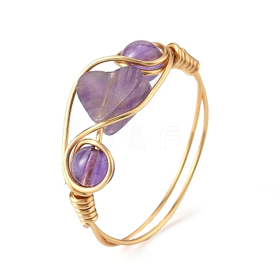 Copper Wire Wrapped Natural Amethyst & Rose Quartz & Red Jasper Braided Bead Rings for Women RJEW-JR00849-1