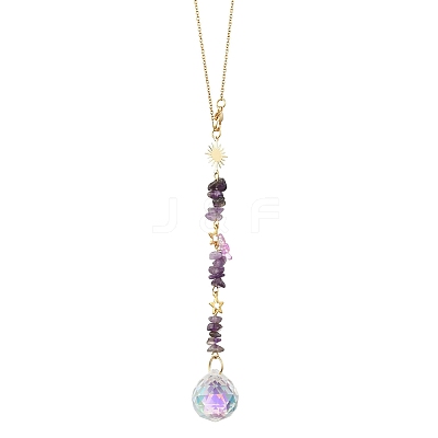 Round Glass & Natural Amethyst Chips Hanging Suncatchers HJEW-JM04209-02-1