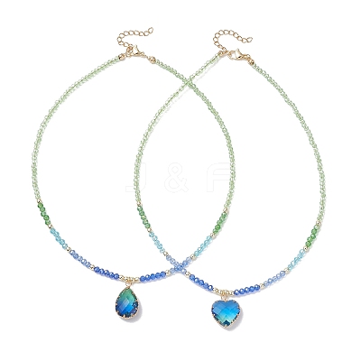 2Pcs 2 Styles Blue K9 Glass Teardrop Heart Pendant Electroplated Glass Faceted Rondelle Beaded Necklaces NJEW-JN05751-1