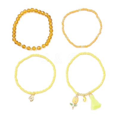 4Pcs 4 Style Evil Eye Valentine's Theme Alloy Enamel & Polycotton(Polyester Cotton) Tassel Charm Bracelets Set BJEW-JB09618-04-1