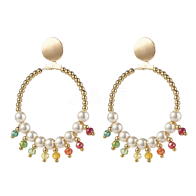 Round Shell Pearl Beads & Glass Beads Big Ring Dangle Stud Earrings EJEW-TA00013-1