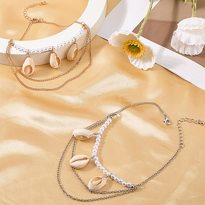 2Pcs 2 Colors Natural Shell Charm Bracelets BJEW-CY0001-04-1