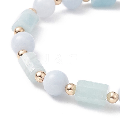 Natural Aquamarine Column & Round Stretch Bracelet for Women BJEW-JB09351-03-1