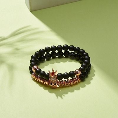 2Pcs 2 Style Synthetic Hematite & Black Stone & Natural Obsidian Stretch Bracelets Set with Cubic Zirconia Skull BJEW-JB08120-04-1