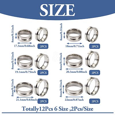12Pcs 6 Size 201 Stainless Steel Grooved Finger Ring Settings STAS-TA0002-15P-1