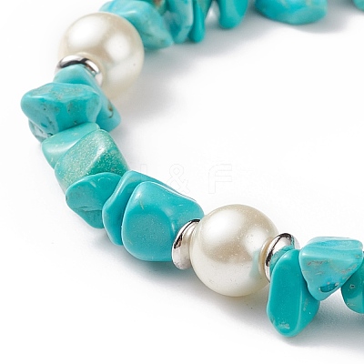 Synthetic Turquoise(Dyed) Chips & Imitation Pearl Beaded Bracelet with Alloy Turtle Charm BJEW-TA00145-1