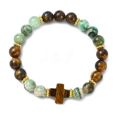 Natural Tiger Eye & Green Line Jasper & Alloy Beads Stretch Bracelets for Women Men BJEW-JB14037-1