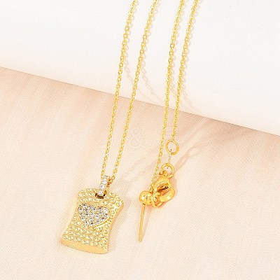 Brass Micro Pave Cubic Zirconia Rectangle with Heart Pendant Adjustable Slider Necklaces KK-CBA4547-08G-03-1