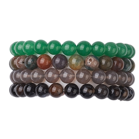 4Pcs Constellation 8mm Round Natural Gray Agate & Green Aventurine & Indian Agate & Black Onyx(Dyed & Heated) Beaded Stretch Bracelets for Women BJEW-JB10632-1