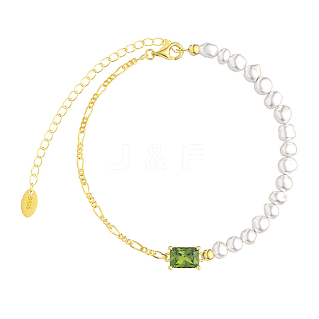 Natural Freshwater Pearls Beaded Bracelets with Cubic Zirconia Rectangle Link BJEW-I314-137-1