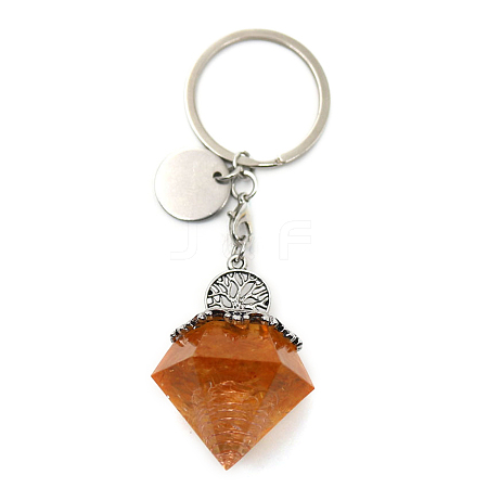 Reiki Energy Natural Citrine Chips in Resin Diamond Shape Pendant Keychain FIND-PW0017-11D-1
