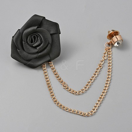 Polyester Rose Flower Hanging Chain Brooch with Crystal Rhinestone JEWB-WH0028-25F-1