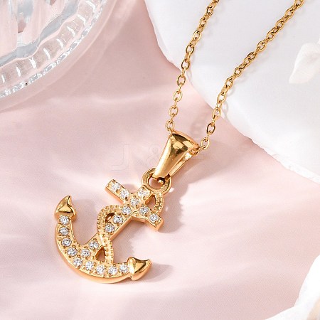 304 Stainless Steel Crystal Rhinestone Anchor Pendant Necklaces NJEW-Z057-01A-G-1