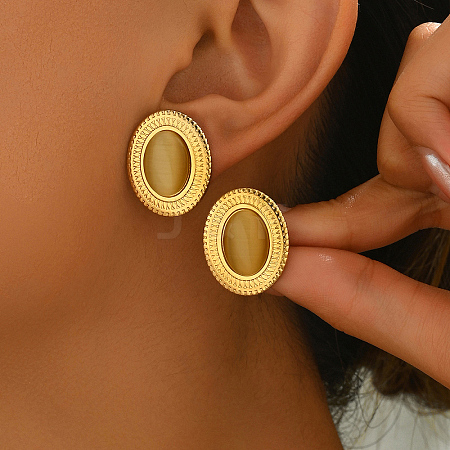 Vintage Stainless Steel with Cat Eye Stud Earrings YU8989-4-1
