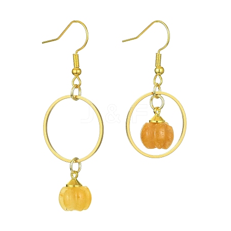 Natural Yellow Aventurine Pumpkin with Ring Dangle Earrings EJEW-JE05509-04-1