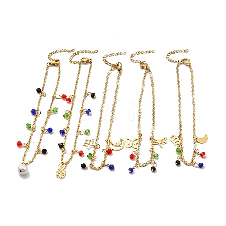 Colorful Glass Beads & 304 Stainless Steel Charm Anklet with Cable Chains for Women AJEW-C021-14G-1