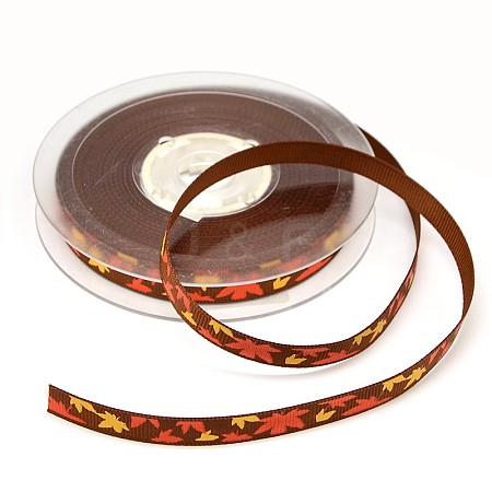 Maple Leaf Pattern Printed Grosgrain Ribbons for Gift Packing SRIB-L007-9mm-01-1