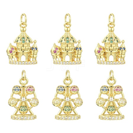 6Pcs 2 Styles Ferris Wheel & Castle Brass Micro Pave Cubic Zirconia Pendants KK-CJ0005-74-1