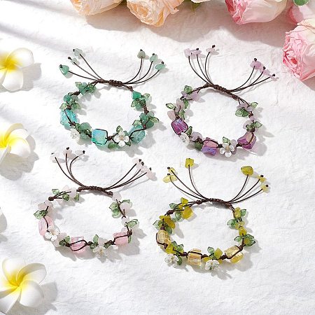 4Pcs Electroplated Natural Rose Quartz & Amethyst & Green Aventurine Olive Jade Chip Bead Braided Bead Bracelets for Women BJEW-TA00610-1