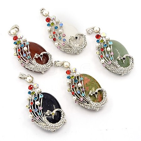 Multi-Color Alloy Rhinestone Peacock Setting with Oval Gemstone Big Pendants G-M036-M-P-1