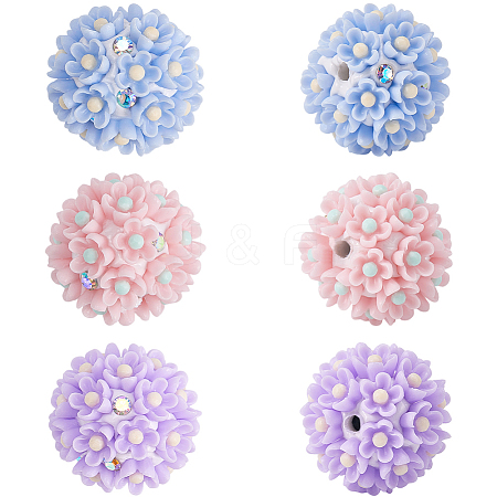 6Pcs 3 Colors Handmade Polymer Clay Rhinestone Floral Ball Beads CLAY-SC0002-14-1