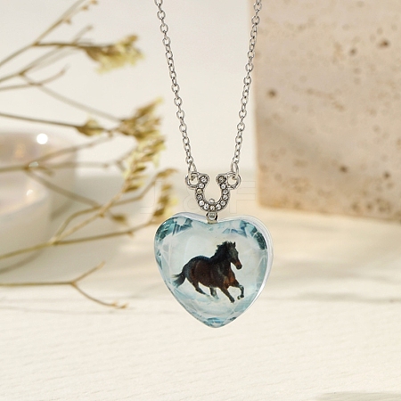 Heart with Horse Pattern Glass Pendant Necklaces PW-WGF1C5C-05-1