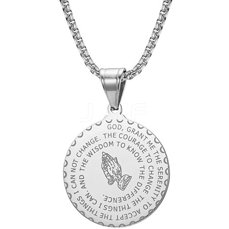 Stainless Steel Round Pendant Necklace Praying Hands Coin Jewelry Accessory IE6577-2-1