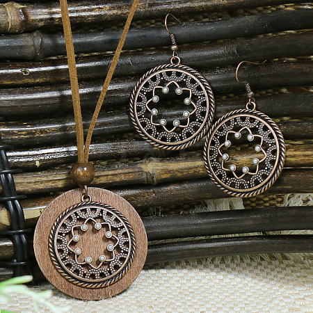 Bohemian Alloy Enamel & Wood Pendant Necklaces & Dangle Earrings Sets WG0DDDA-01-1