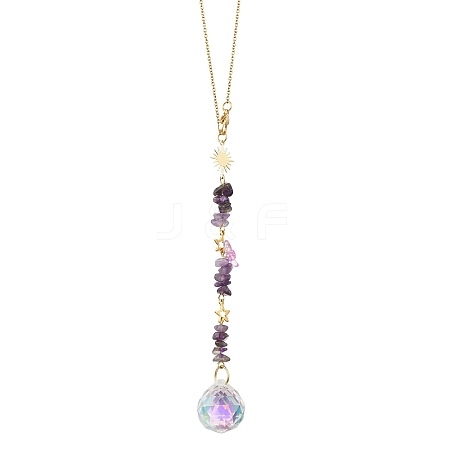 Round Glass & Natural Amethyst Chips Hanging Suncatchers HJEW-JM04209-02-1
