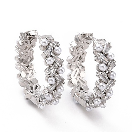 Clear Cubic Zirconia Leaf Wrap Hoop Earrings with Acrylic Pearl KK-D079-27P-1