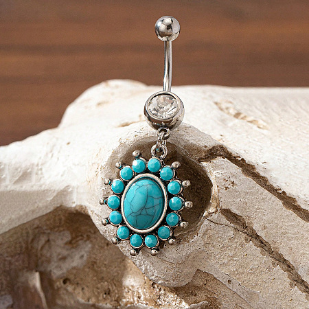 Cowboy Theme 304 Stainless Steel Pave Synthetic Turquoise Curved Barbell Dangle Belly Rings FS-WGEFD82-08-1
