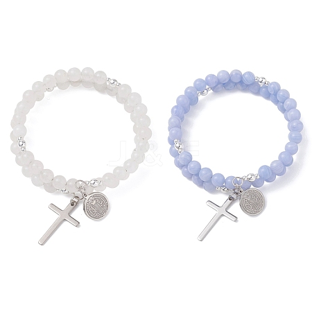2Pcs Natural Dyed Blue Lace Agate & White Jade Beads Double strand Stretch Bracelets BJEW-JB13065-1