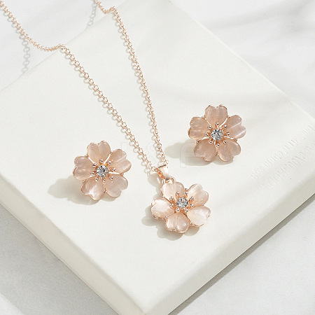 Flower Alloy Cat Eye Pendant Necklaces & Stud Earrings Sets FS-WG11189-01-1