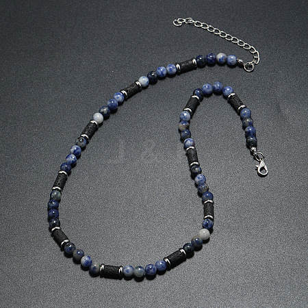 Natural Blue Spot Jasper Round and Lava Rock Column Beaded Necklaces for Men AD4538-3-1