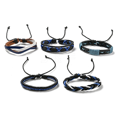 5Pcs 5 Style Adjustable Braided Imitation Leather Cord Bracelet Sets with Waxed Cord for Men BJEW-F458-01-1
