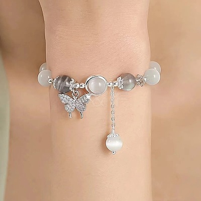 Butterfly Alloy & Cat Eye & Natural Moonstone Round Beaded Charm Bracelets for Women WG9D4EC-01-1