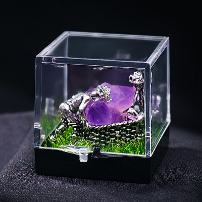 Natural Amethyst Cluster & Miner Modeling Mineral Specimen Box PW-WG43597-11-1