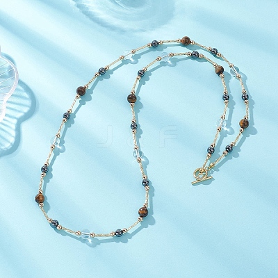 Round Synthetic Non-Magnetic Hematite & Quartz Crystal & Natural Tiger Eye and Glass Twisted Bugle Beaded Necklaces NJEW-JN05726-1